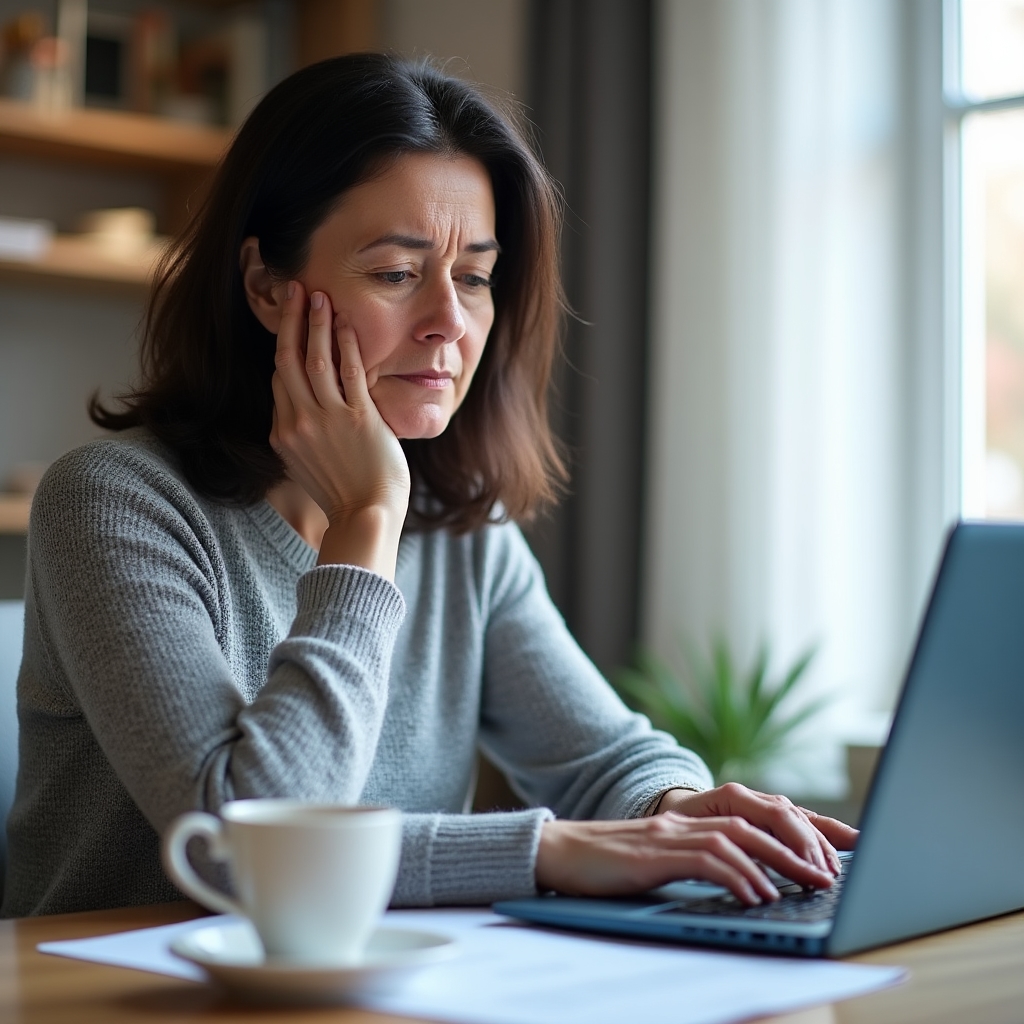 Woman in her 40s with dark hair reading nutrition research on laptop in bright home office, warm natural light, thoughtful expression