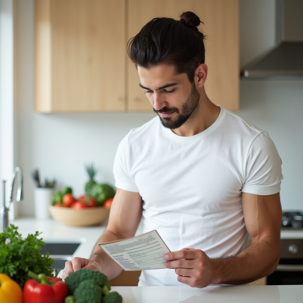 Man in his 30s with athletic build reviewing nutrition information at kitchen counter with fresh vegetables nearby, cool morning light