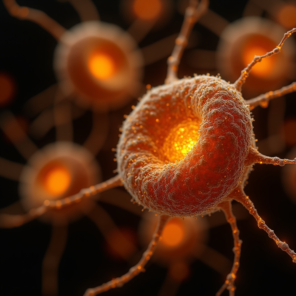 Close-up visualization of biological inflammation process with warm amber tones showing cellular activity