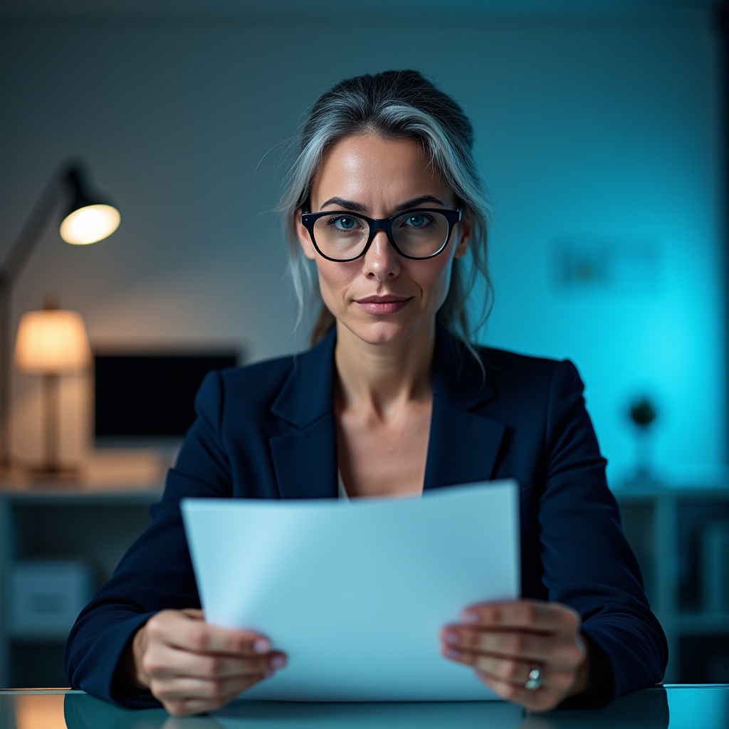 Middle-aged woman with reading glasses reviewing nutrition research papers at modern desk, skeptical thoughtful expression, cool blue office lighting, shallow depth of field