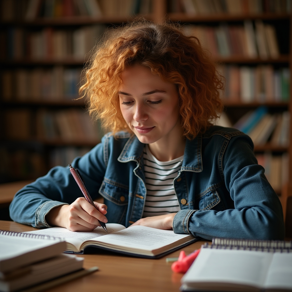 Young woman student in her mid-20s taking notes from nutrition textbooks at university library table, focused expression, soft overhead lighting